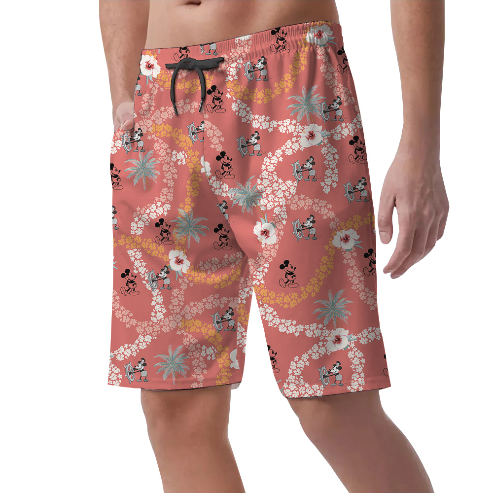 Steamboat Willie Mickey Hibiscus Vintage Hawaiian Beach Shorts For Men