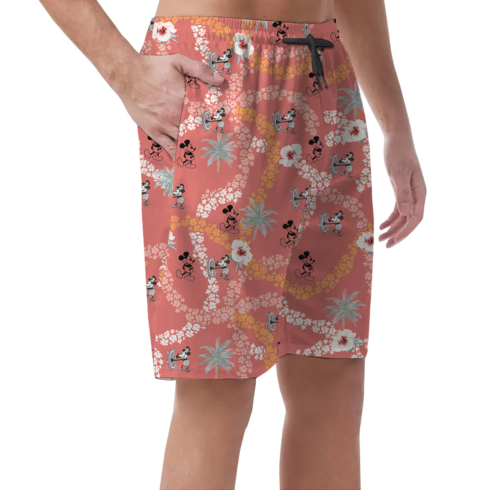 Steamboat Willie Mickey Hibiscus Vintage Hawaiian Beach Shorts For Men