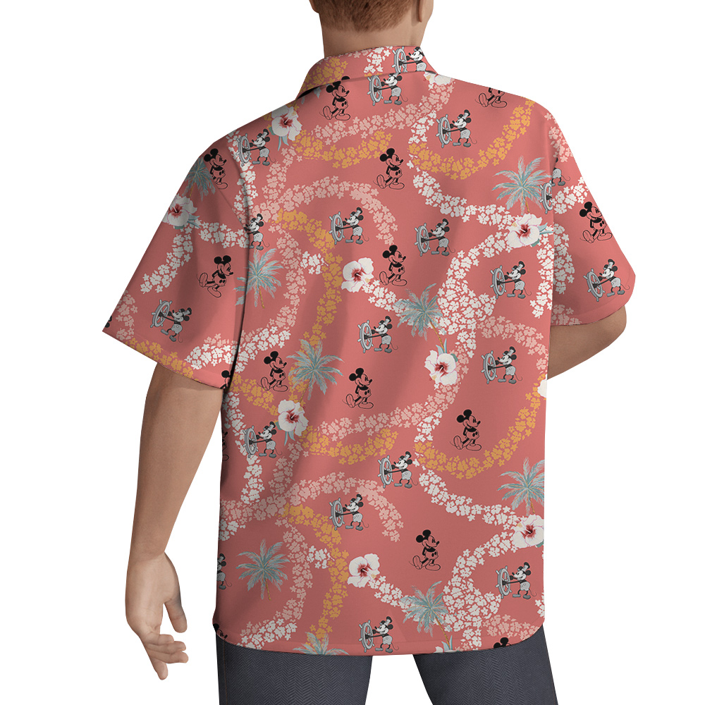Cute Mickey Steamboat Willie Vintage Floral Pink Hawaiian Shirt
