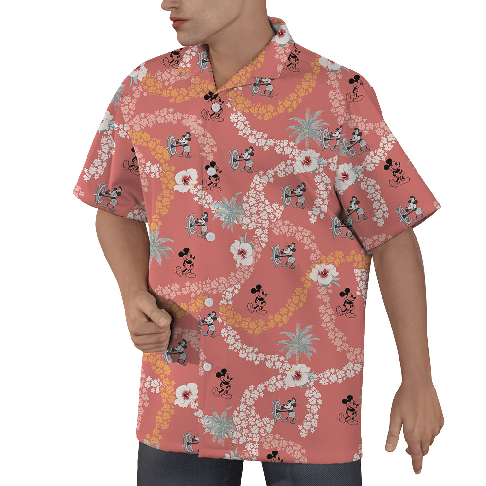 Cute Mickey Steamboat Willie Vintage Floral Pink Hawaiian Shirt