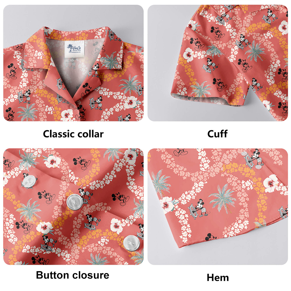 Cute Mickey Steamboat Willie Vintage Floral Pink Hawaiian Shirt