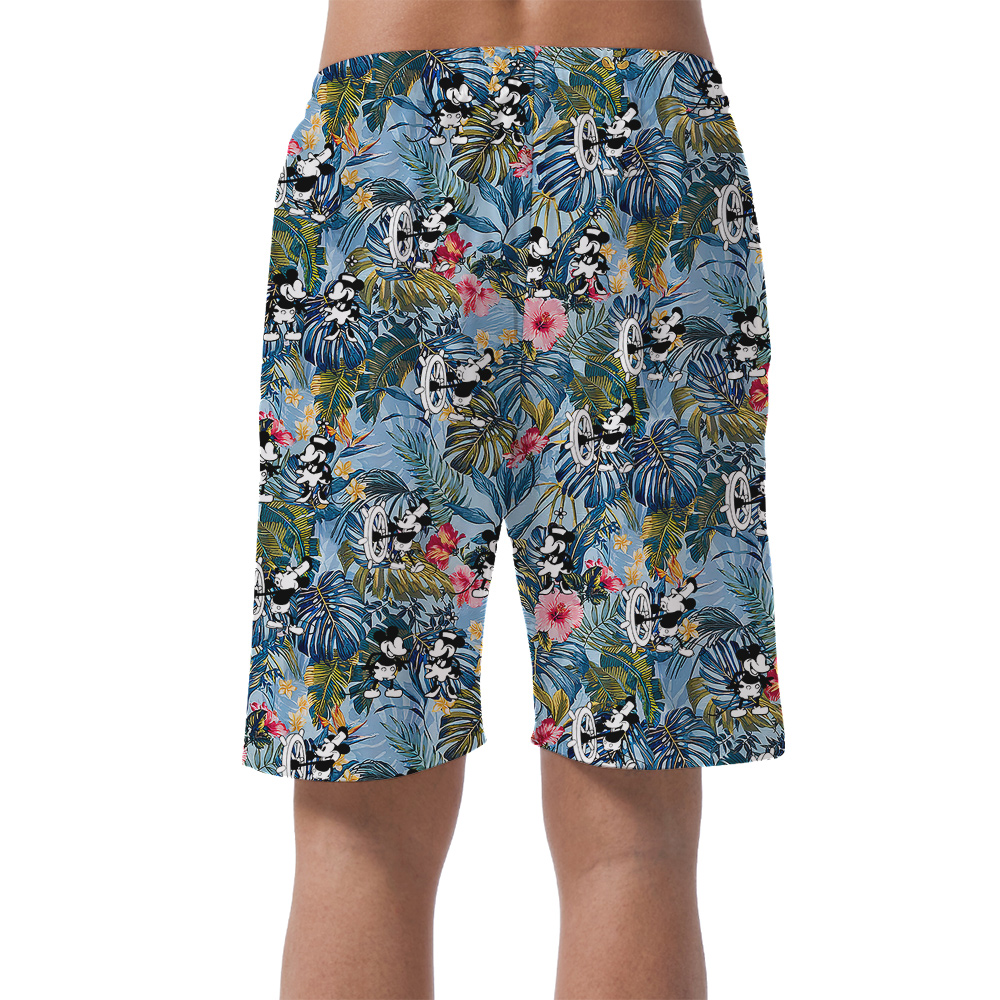 Floral Mickey Steamboat Willie Blue Hawaiian Beach Shorts For Men
