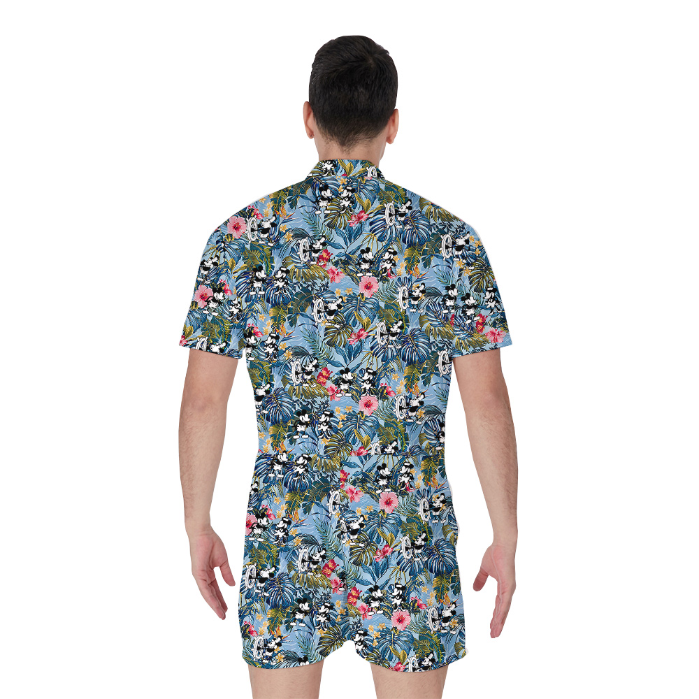 Cute Mickey Steamboat Willie 1928 Blue Floral Hawaiian Romper For Men