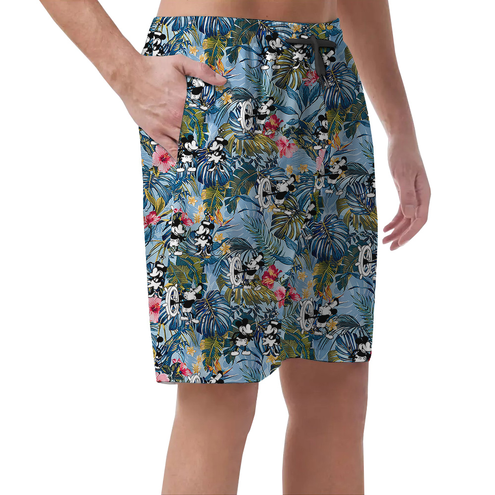 Floral Mickey Steamboat Willie Blue Hawaiian Beach Shorts For Men