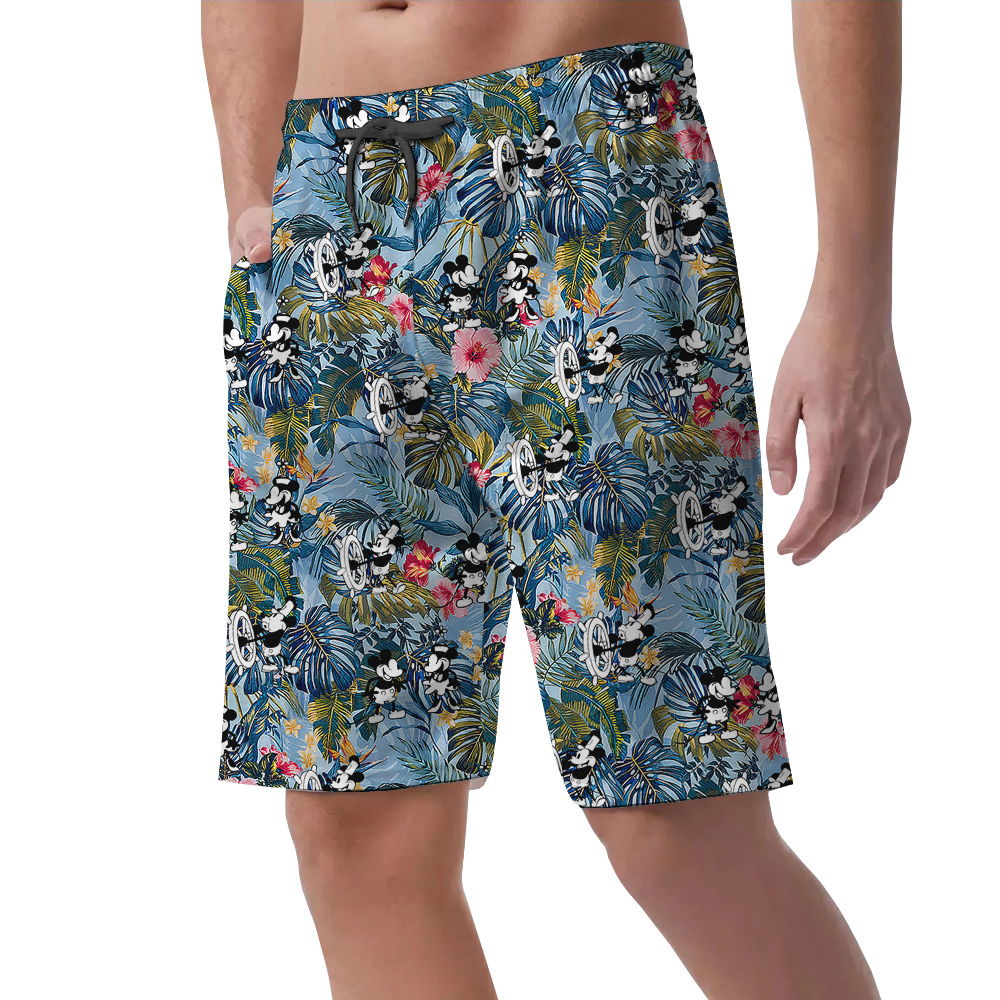 Floral Mickey Steamboat Willie Blue Hawaiian Beach Shorts For Men