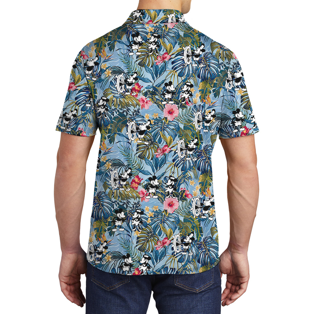 Cute Mickey Steamboat Willie 1928 Blue Floral Hawaiian Polo Shirt