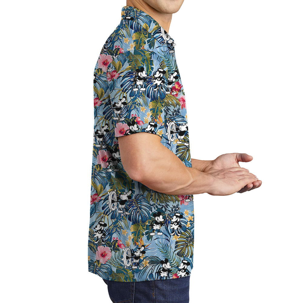 Cute Mickey Steamboat Willie 1928 Blue Floral Hawaiian Polo Shirt