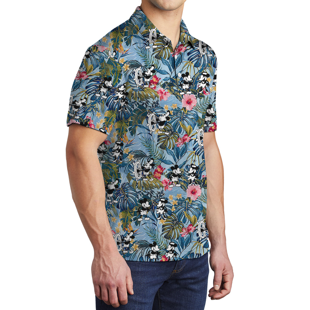 Cute Mickey Steamboat Willie 1928 Blue Floral Hawaiian Polo Shirt