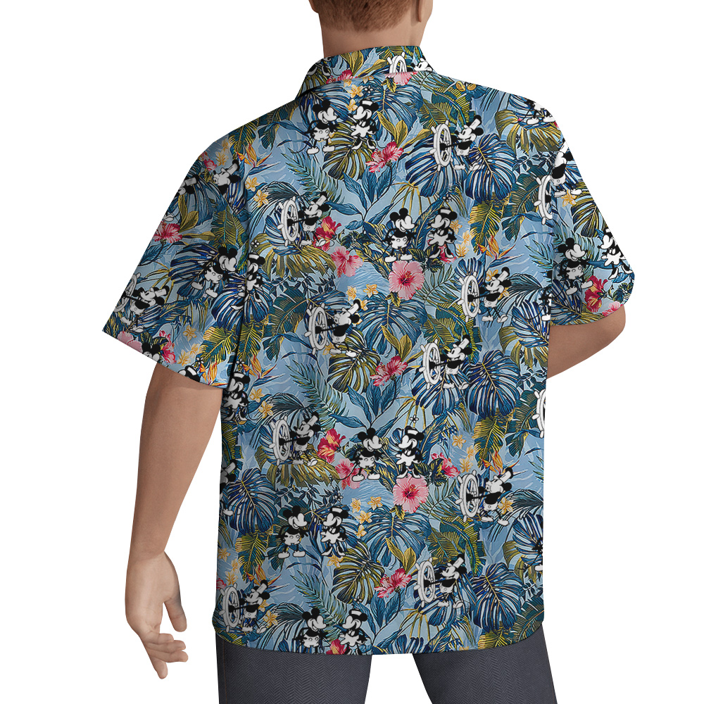 Steamboat Willie Mickey Floral Blue Hawaiian Shirt