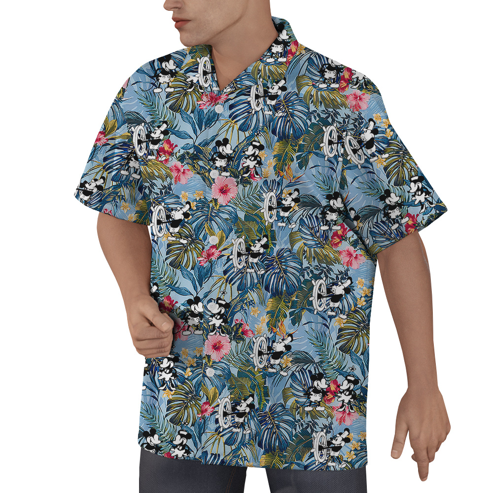 Steamboat Willie Mickey Floral Blue Hawaiian Shirt
