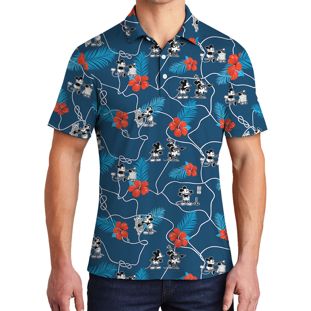 Navy Floral Steamboat Willie Mickey Aloha Polo Shirt for Men - variant image 1