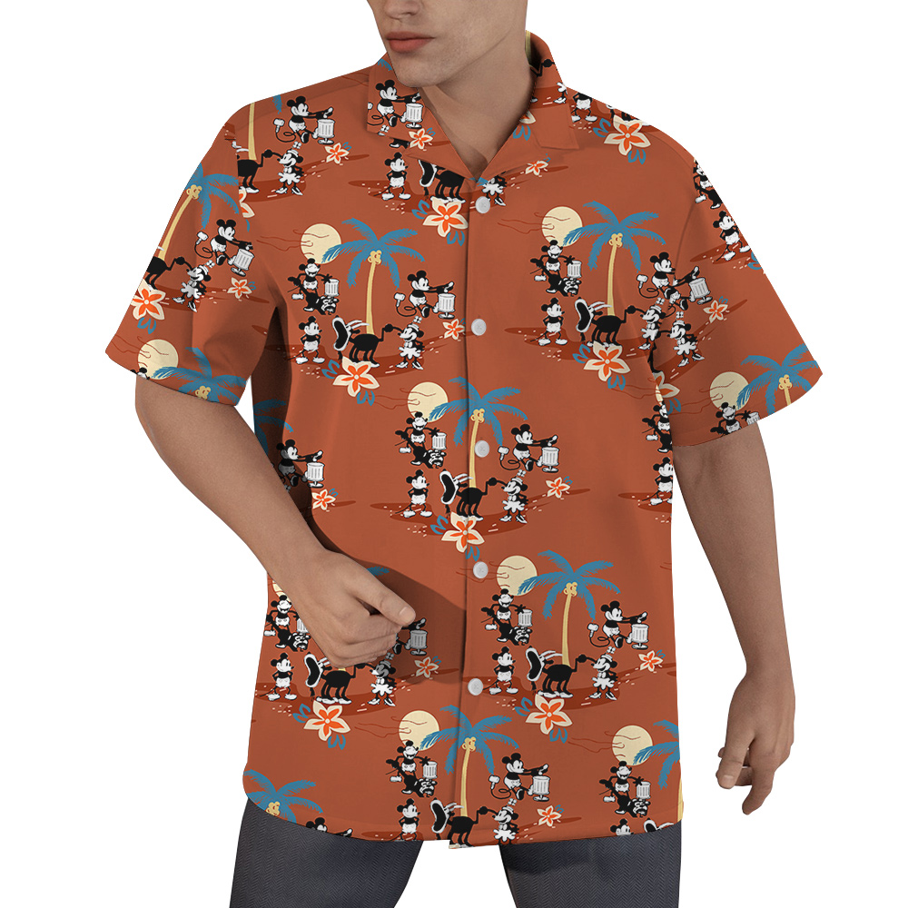 Orange Mickey Steamboat Willie Hawaiian Shirt for Men - variant image 1