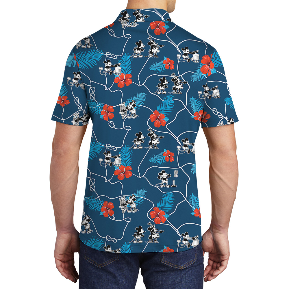 Navy Floral Steamboat Willie Mickey Aloha Polo Shirt for Men