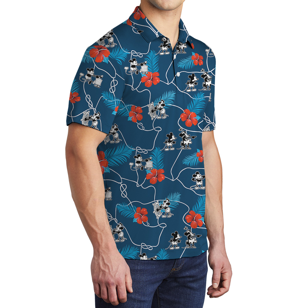 Navy Floral Steamboat Willie Mickey Aloha Polo Shirt for Men