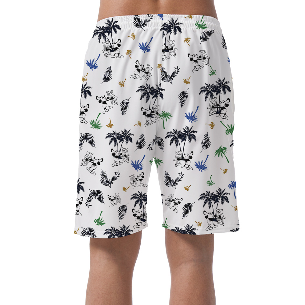 White Steamboat Mickey Palm Hawaiian Short for Men