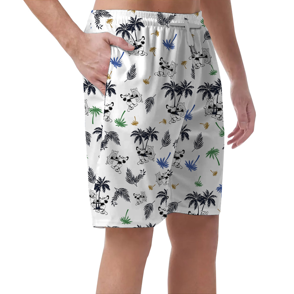 White Steamboat Mickey Palm Hawaiian Short for Men