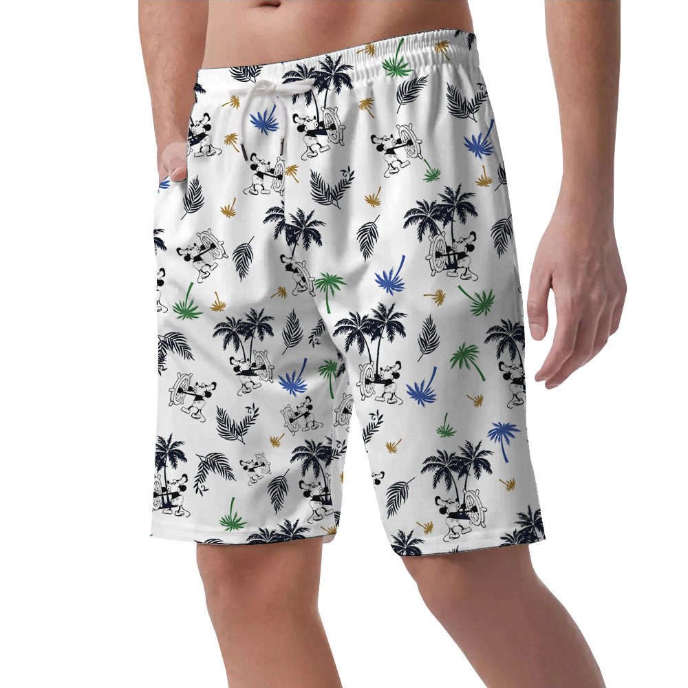 White Steamboat Mickey Palm Hawaiian Short for Men