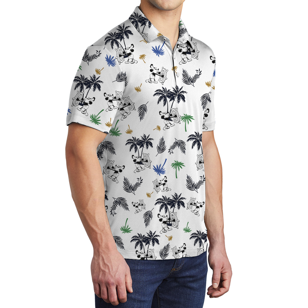 White Mickey 1928 Edition Palm Tree Hawaiian Polo Shirt for Men