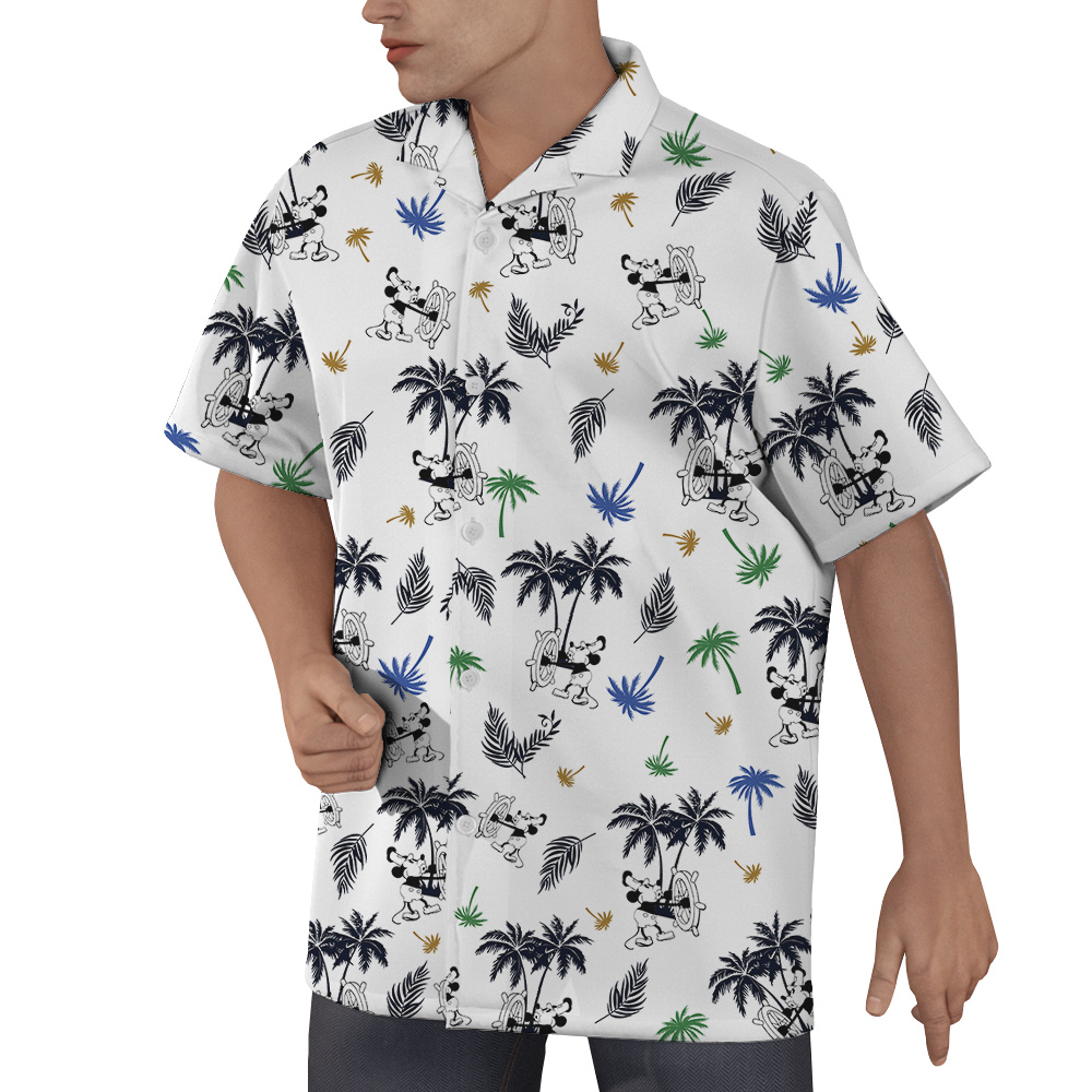White Tropical Mickey Steamboat Willie Aloha Shirt for Men