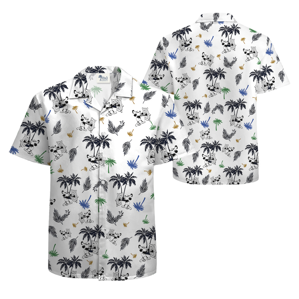 White Tropical Mickey Steamboat Willie Aloha Shirt for Men