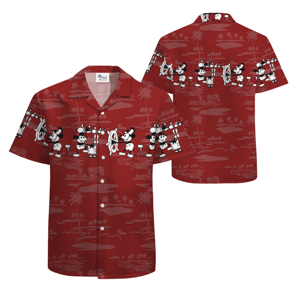 Red Steamboat Willie Mickey Hawaiian Shirt for Men