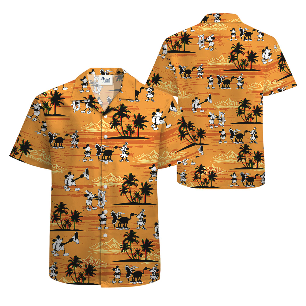 1928 Mickey Steamboat Willie Yellow Palm Tree Hawaiian Shirt for Men