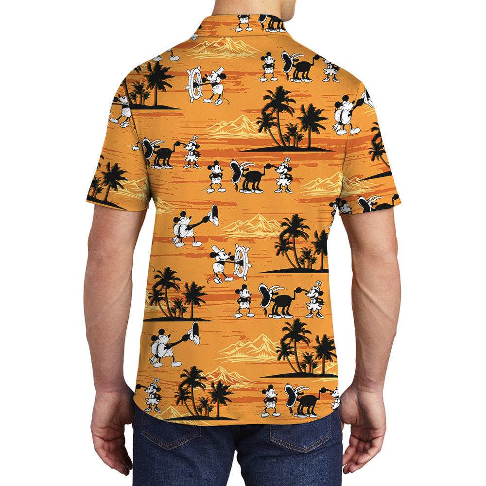 Yellow Palm Tree Steamboat Mickey 1928 Aloha Polo Shirt for Men