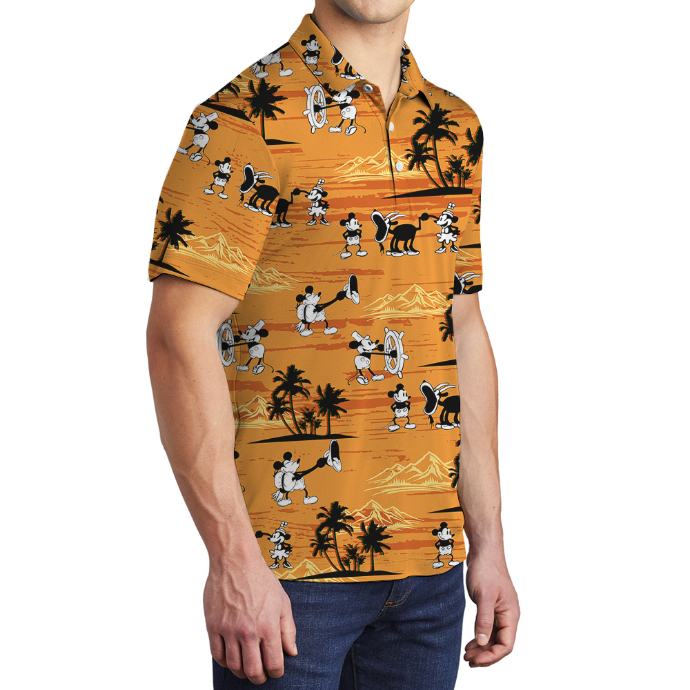 Yellow Palm Tree Steamboat Mickey 1928 Aloha Polo Shirt for Men