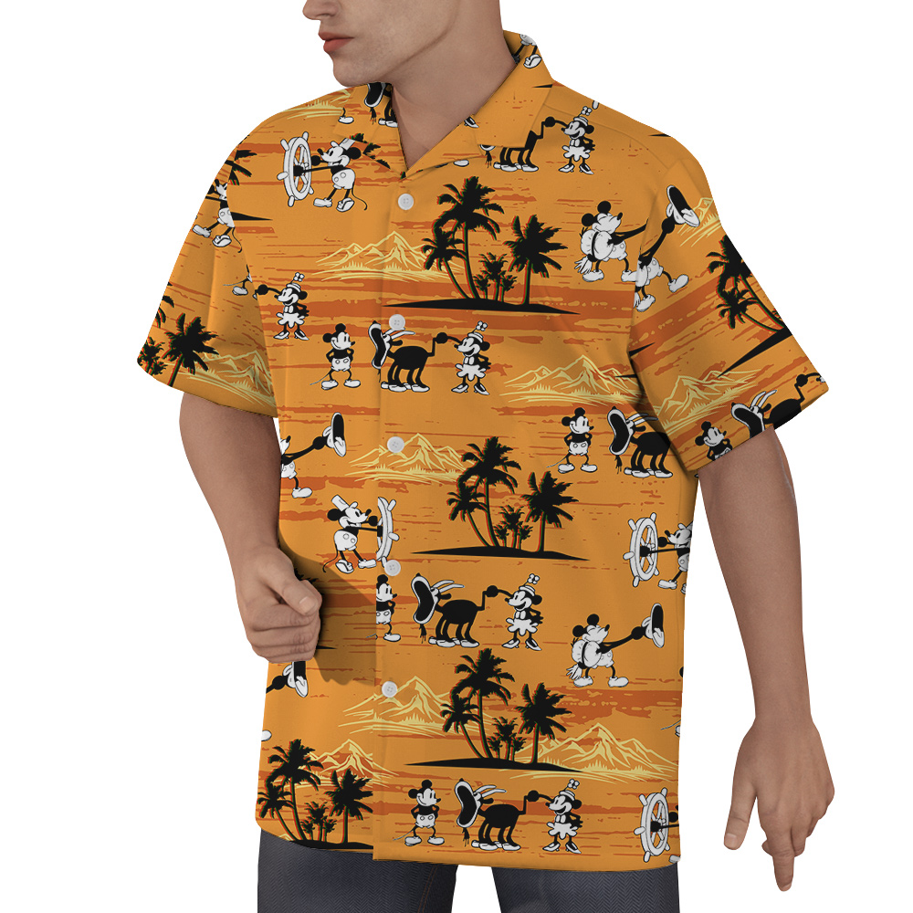 1928 Mickey Steamboat Willie Yellow Palm Tree Hawaiian Shirt for Men