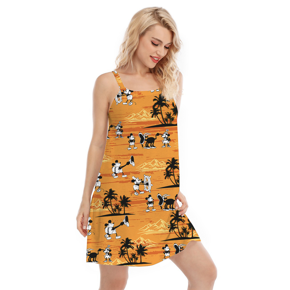 Mickey Steamboat Willie Yellow Island Palms Hawaiian Cami Dress
