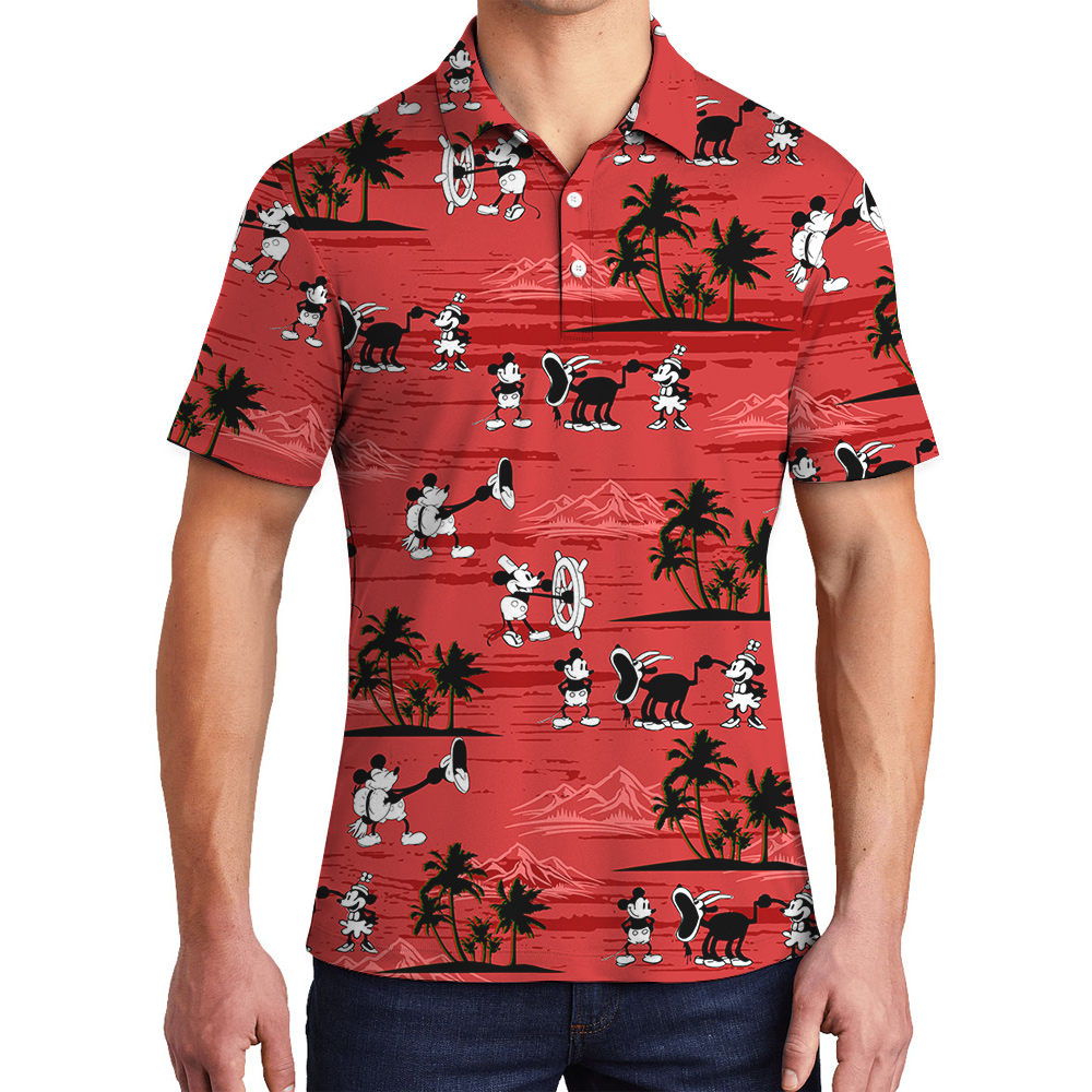 Red Vintage Mickey Steamboat Willie Hawaiian Polo Shirt for Men - variant image 1