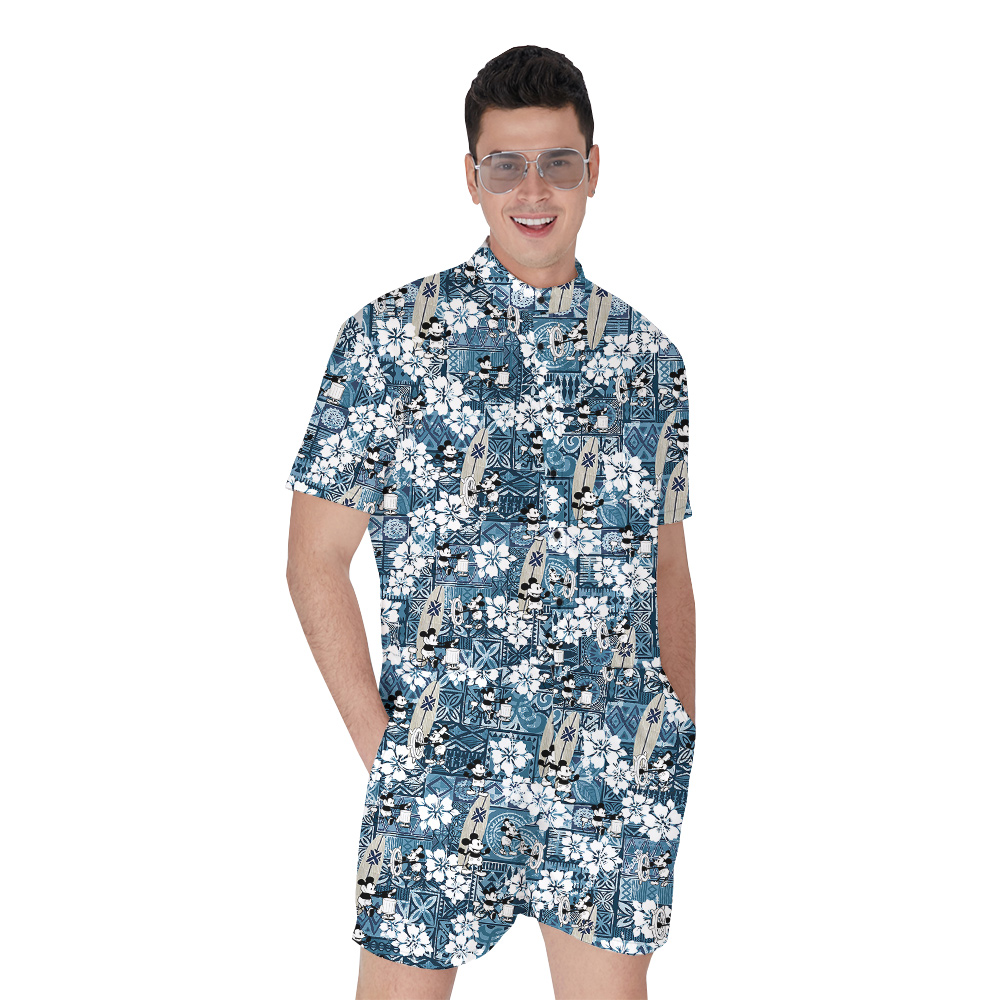Vintage Mickey Steamboat Willie 1928 Blue Hibiscus Hawaiian Romper For Men - variant image 1