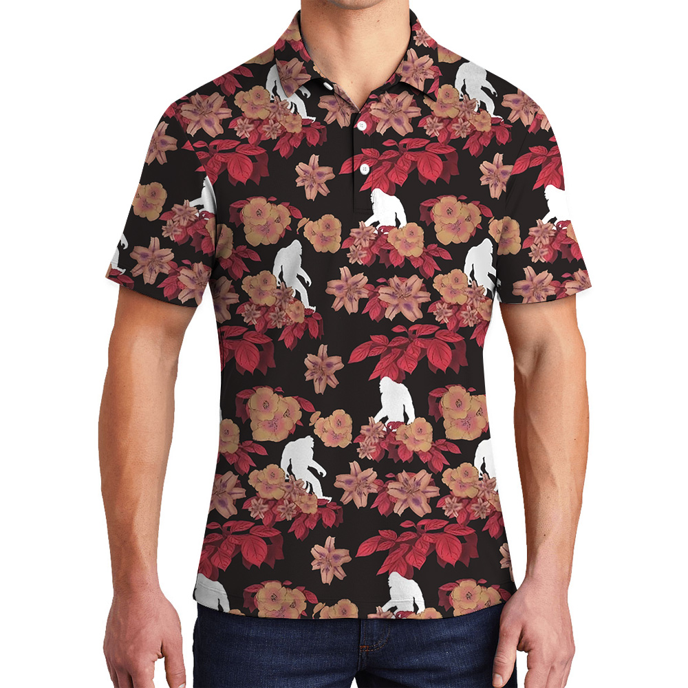 Funny Bigfoot Floral Red Hawaiian Men's Polo Shirt - variant image 1