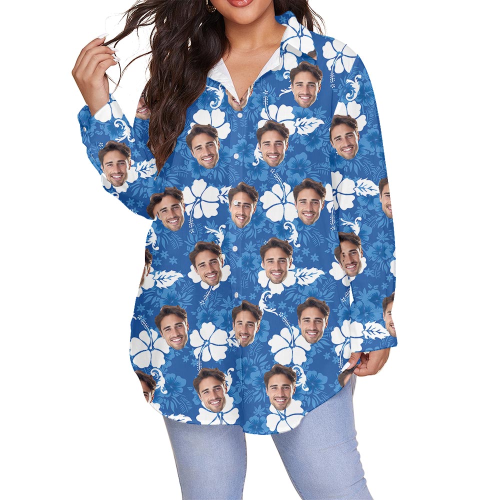 Blue Hibiscus Women's Plus Size Hawaiian Shirt Custom Face - variant image 1