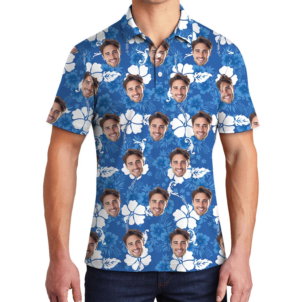 Personalized Face Men's Polo Shirt Blue Hibiscus - variant image 1