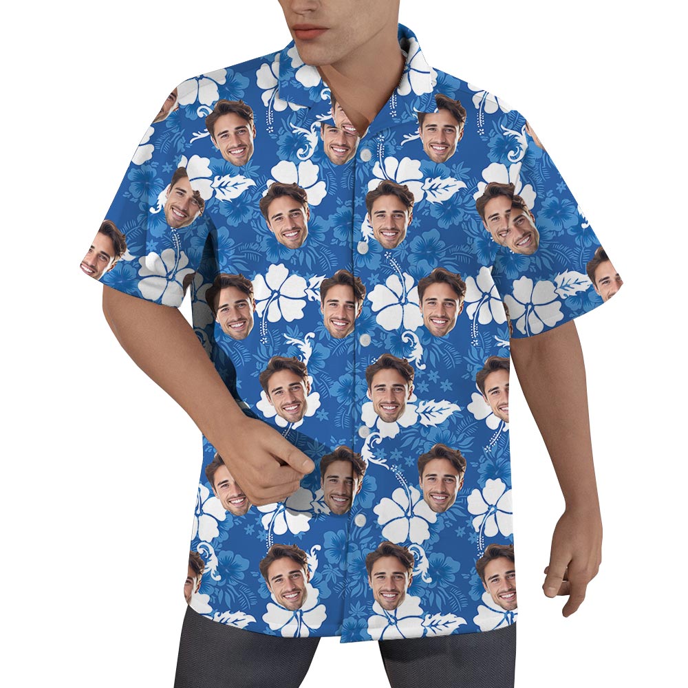 Custom Your Face Blue Hibiscus Aloha Shirt For Men - variant image 1