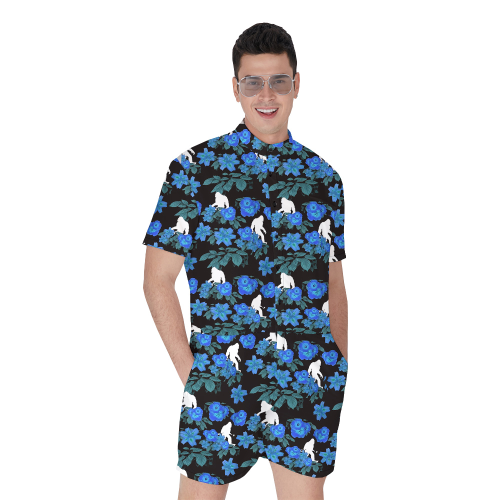 Blue Floral Sasquatch Hawaiian Men's Romper - variant image 1