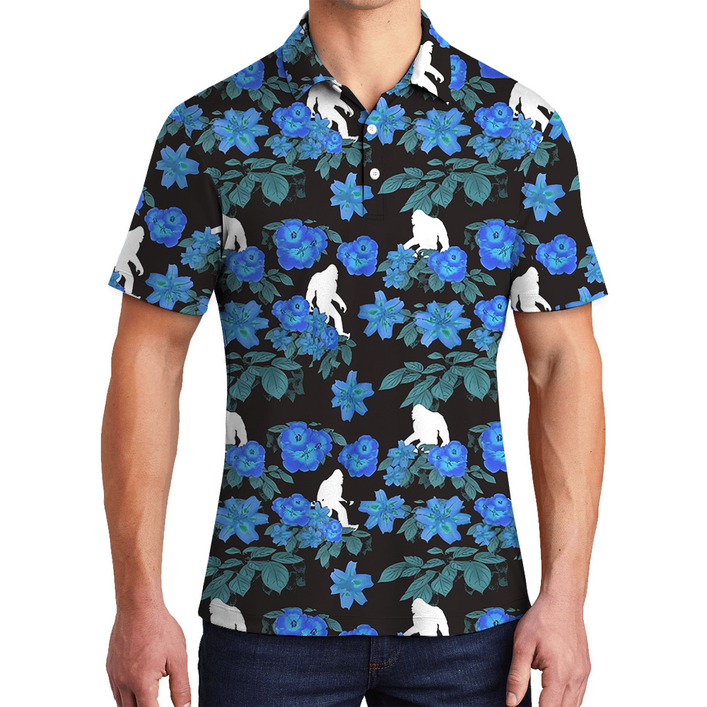 Cool Bigfoot Blue Floral Hawaiian Polo Golf Shirt For Men - variant image 1