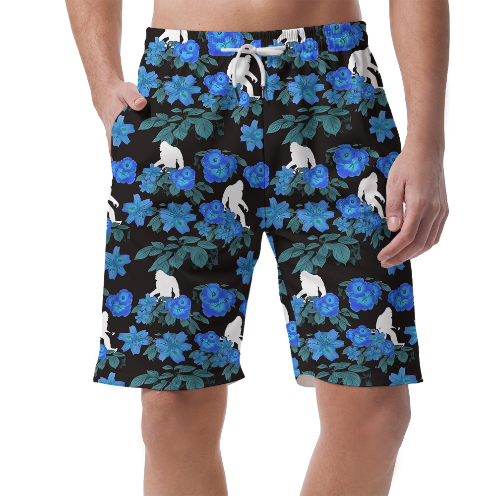 Blue Floral Sasquatch Hawaiian Summer Beach Shorts For Men - variant image 1