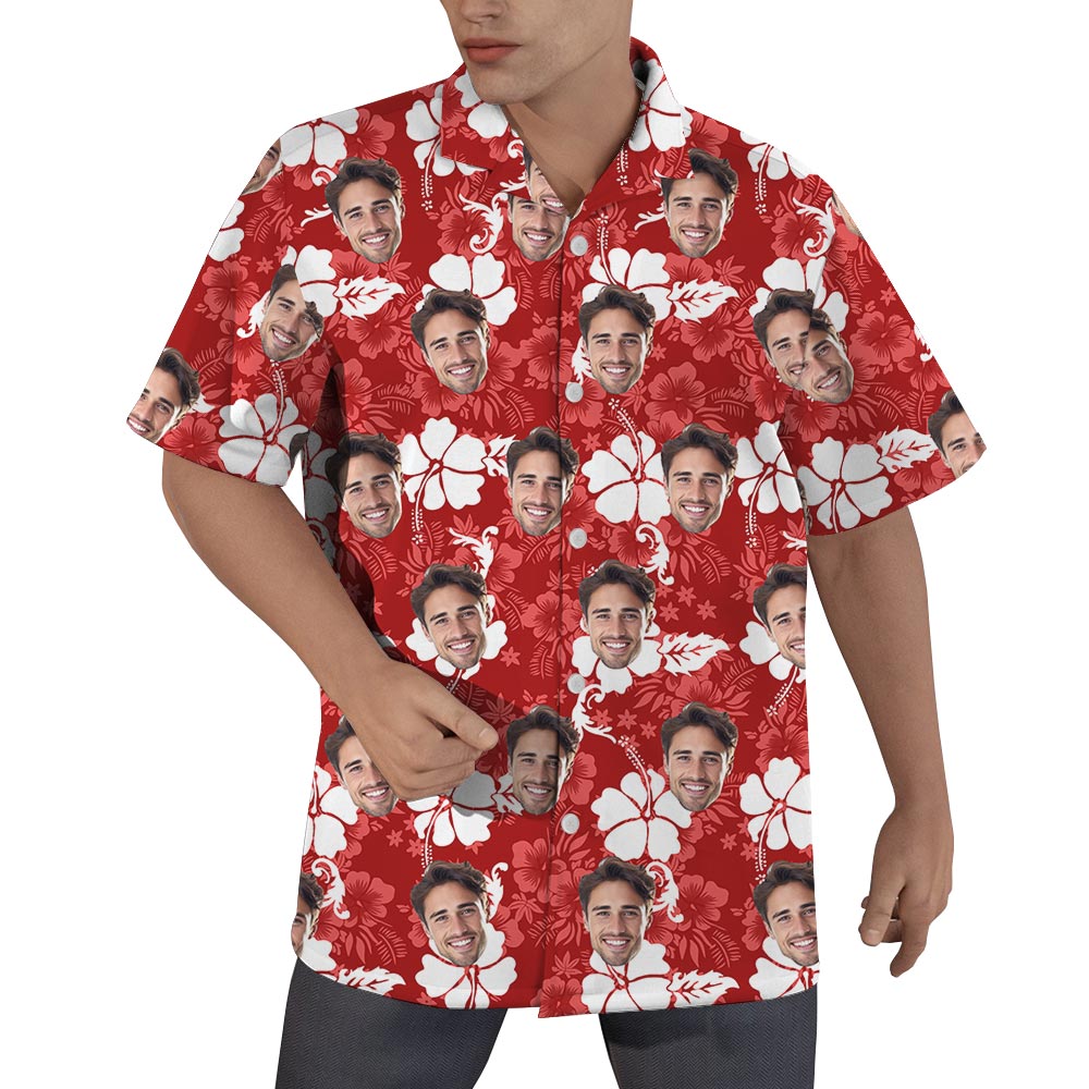Custom Face Red Hibiscus Button Up Shirt For Men - variant image 1