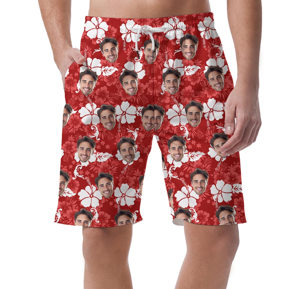 Personalized Faces Men's Beach Shorts Red Hibiscus - variant image 1