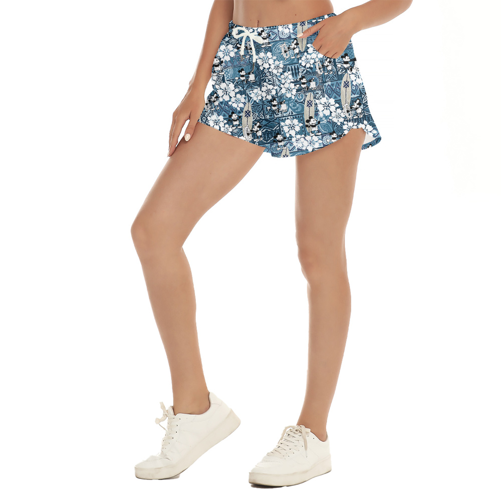 Cute Mickey Mouse Vintage Hibiscus Blue Aloha Beach Shorts For Women