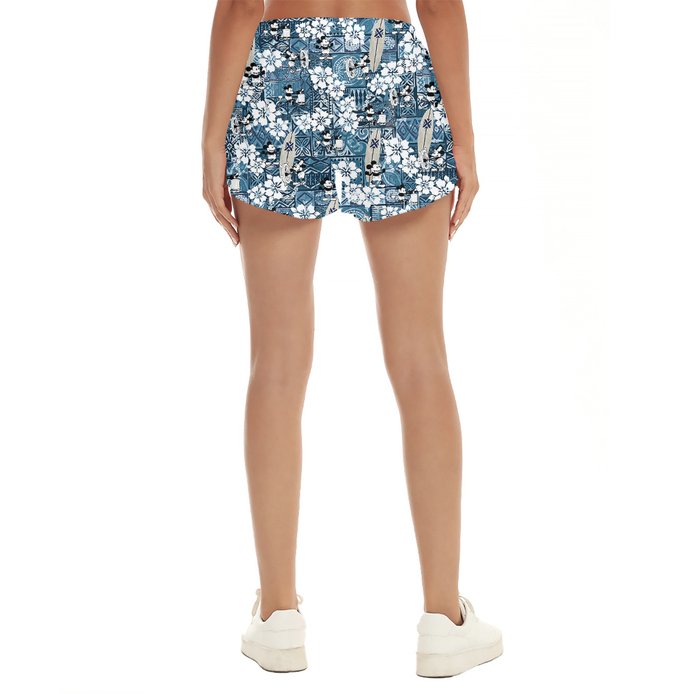 Cute Mickey Mouse Vintage Hibiscus Blue Aloha Beach Shorts For Women