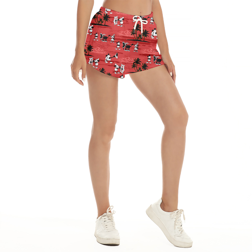 Mickey Steamboat Willie Red Palm Paradise Hawaiian Short for Women