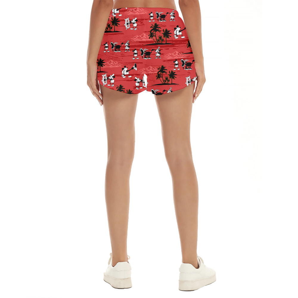 Mickey Steamboat Willie Red Palm Paradise Hawaiian Short for Women