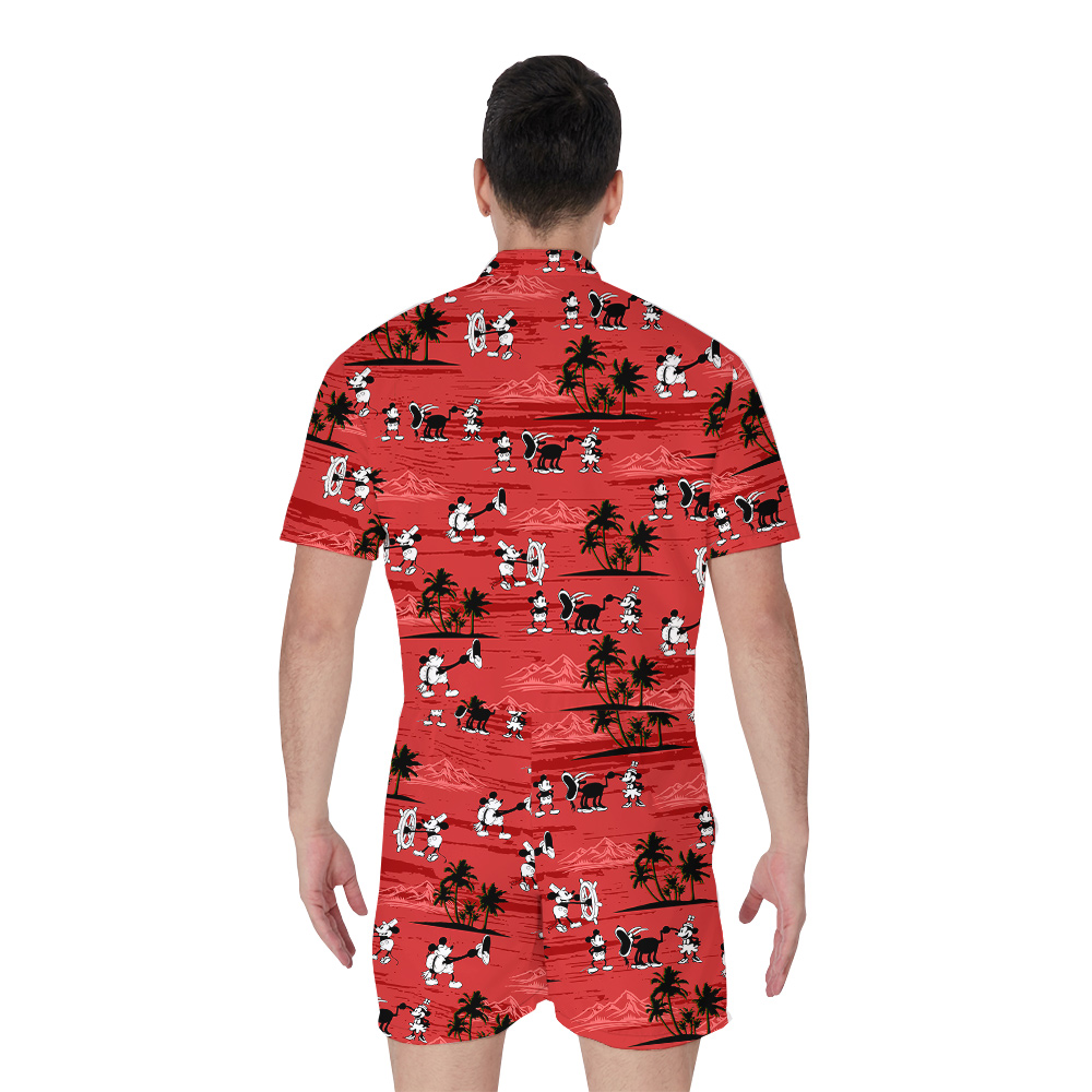 Classic Red Mickey Steamboat Willie Hawaiian Romper for Men