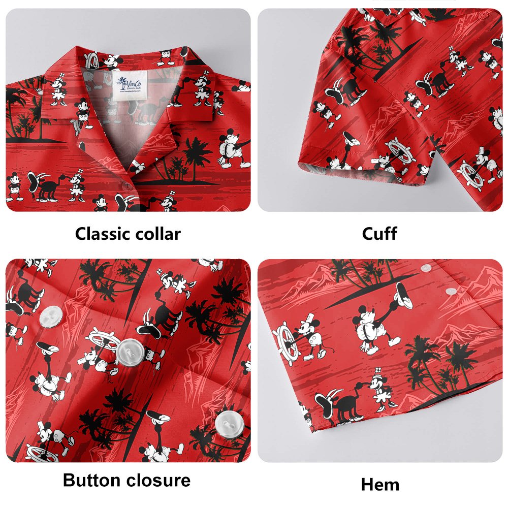 Mickey 1928 Steamboat Willie Classic Red Hawaiian Shirt for Men