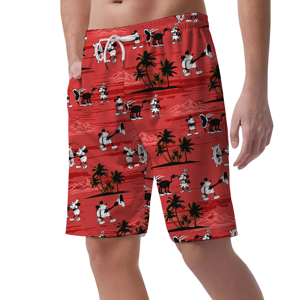 Iconic Mickey Steamboat Willie Red Palm Tree Short for Men