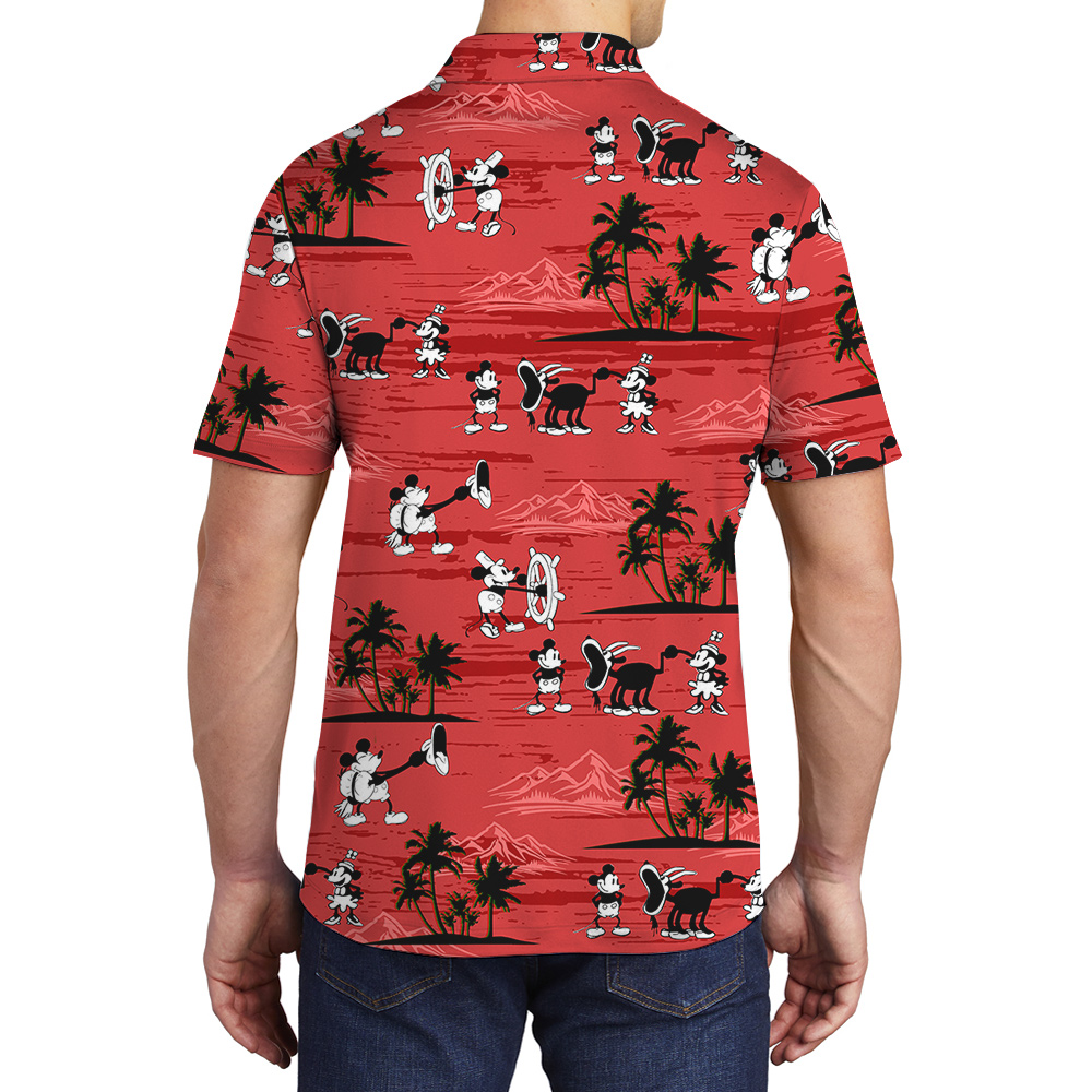 Red Vintage Mickey Steamboat Willie Hawaiian Polo Shirt for Men