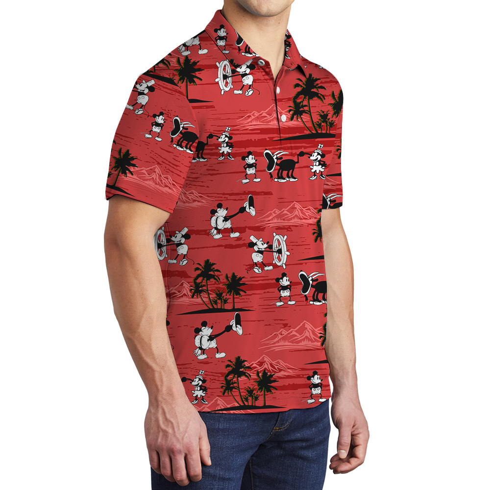 Red Vintage Mickey Steamboat Willie Hawaiian Polo Shirt for Men
